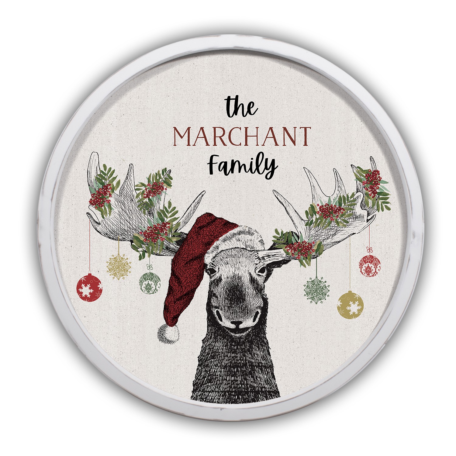 Christmas Moose Personalized 20 x 20 Round White Framed Print