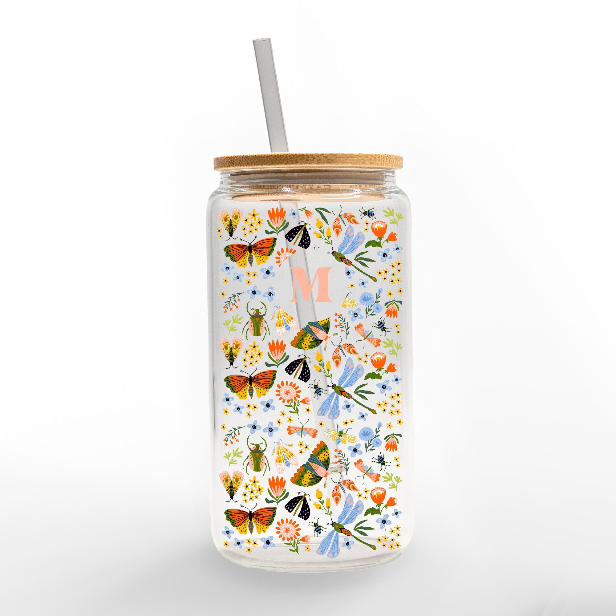 Bugs and Botanicals Monogram Personalized 3 x 5.8 Glass Can Cup