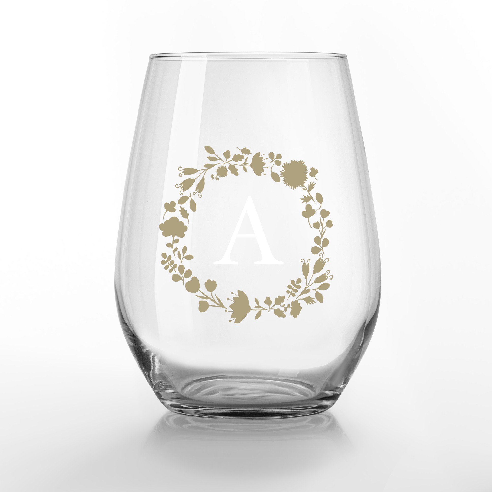 Floral Monogram Personalized 3.25 x 4.25 Printed Stemless Wine Glass