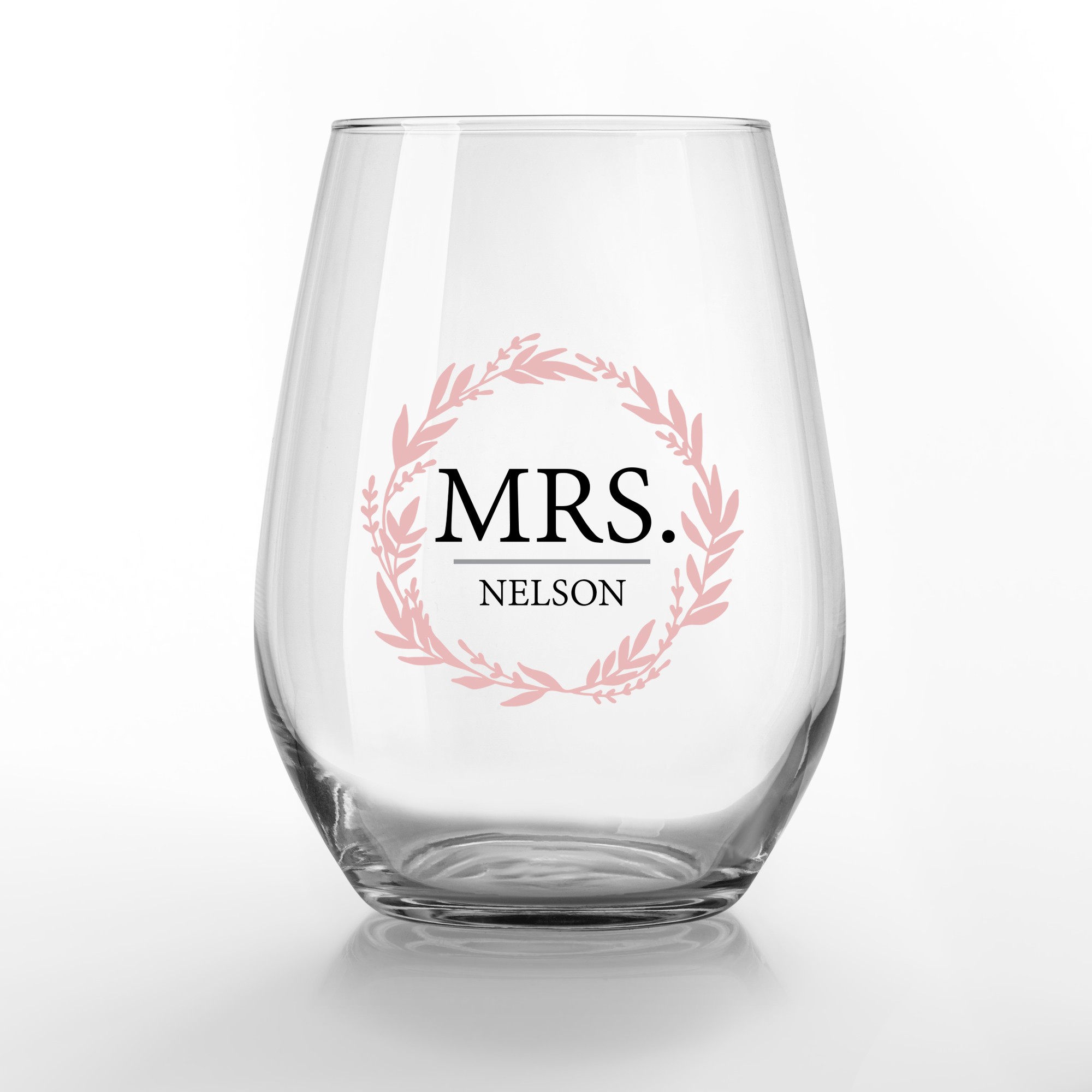 Mr Mrs Wreath Personalized 3.25 x 4.25 Printed Stemless Wine Glass