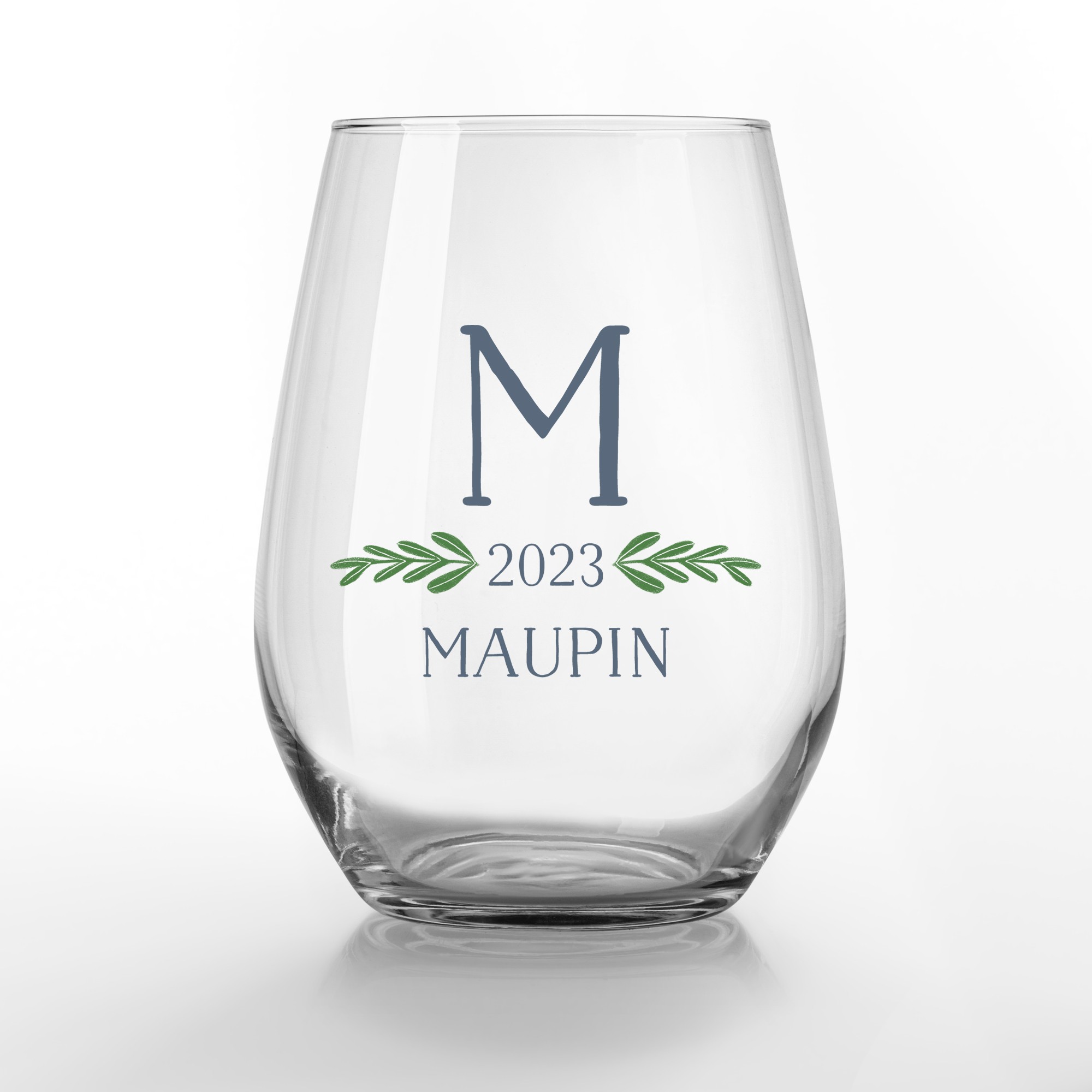 Leafy Established Monogram Personalized 3.25 x 4.25 Printed Stemless Wine Glass