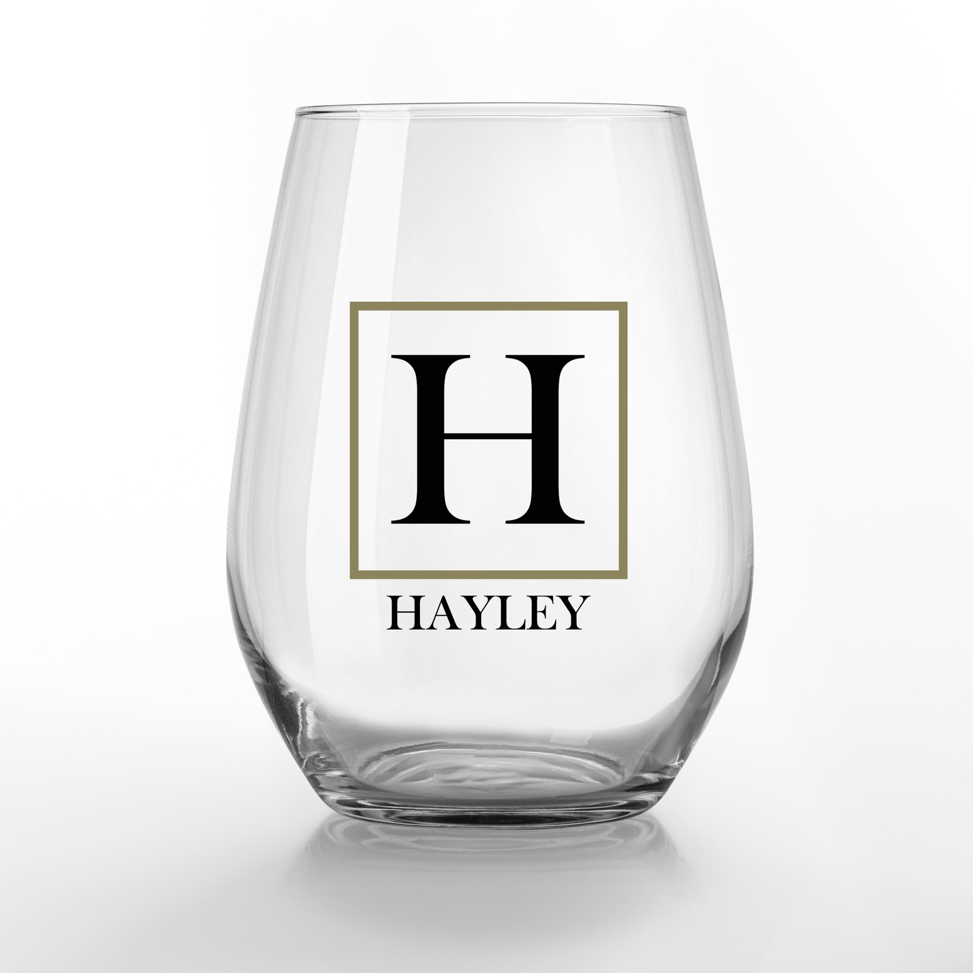 Simple Square Monogram Personalized 3.25 x 4.25 Printed Stemless Wine Glass