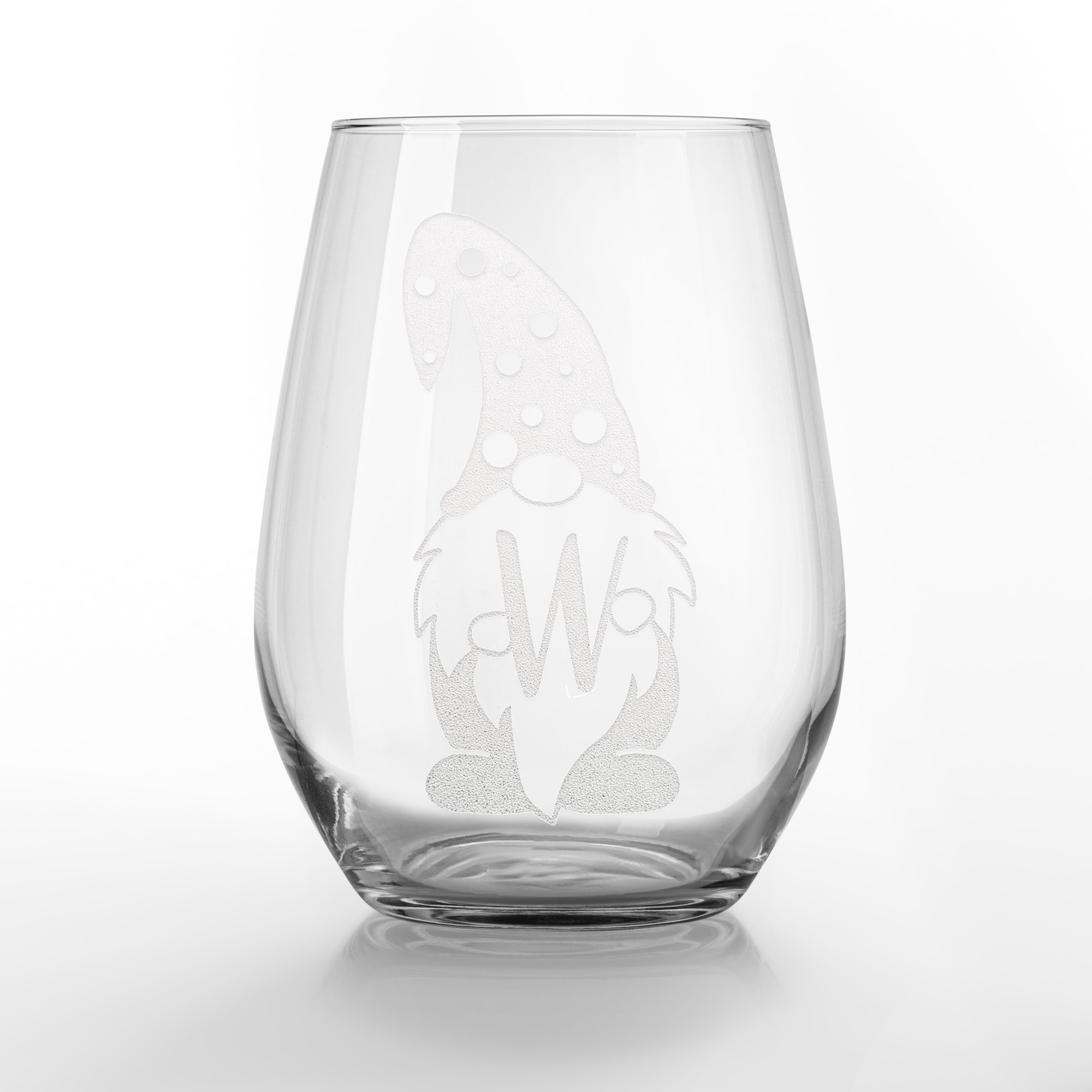 Monogram Gnome Personalized 3.25 x 4.25 Engraved Stemless Wine Glass
