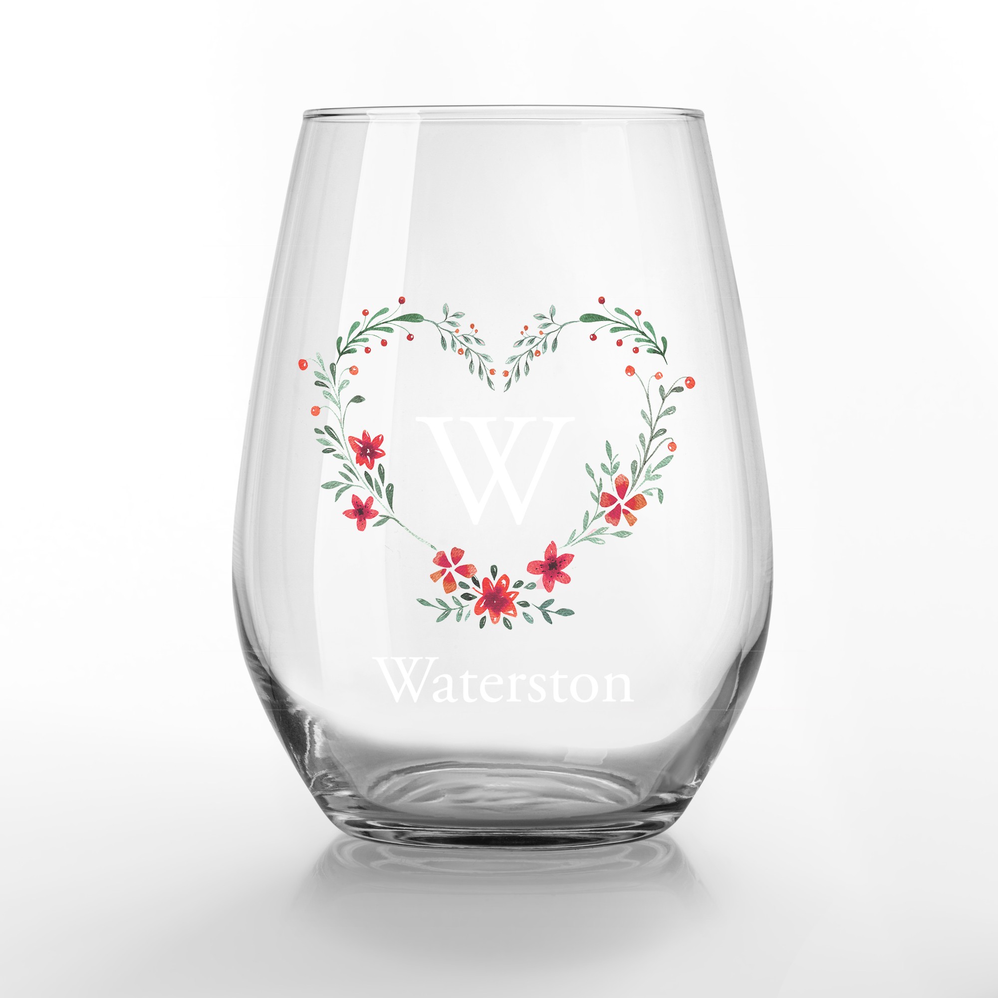 Floral Heart Monogram Personalized 3.25 x 4.25 Printed Stemless Wine Glass