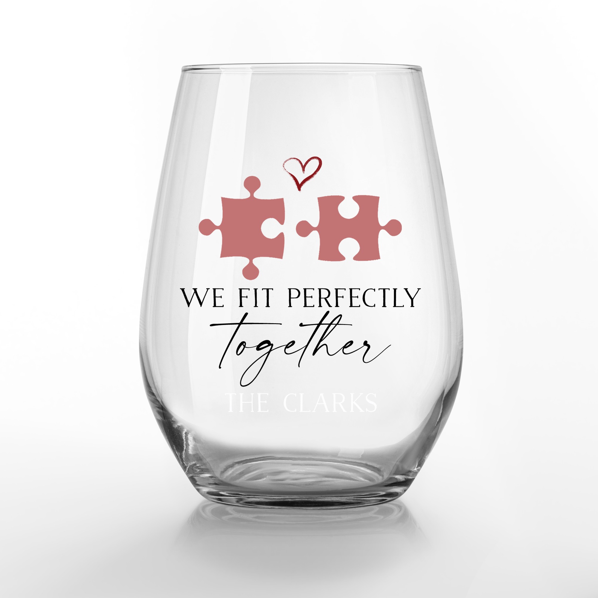 We Fit Perfectly Personalized 3.25 x 4.25 Printed Stemless Wine Glass