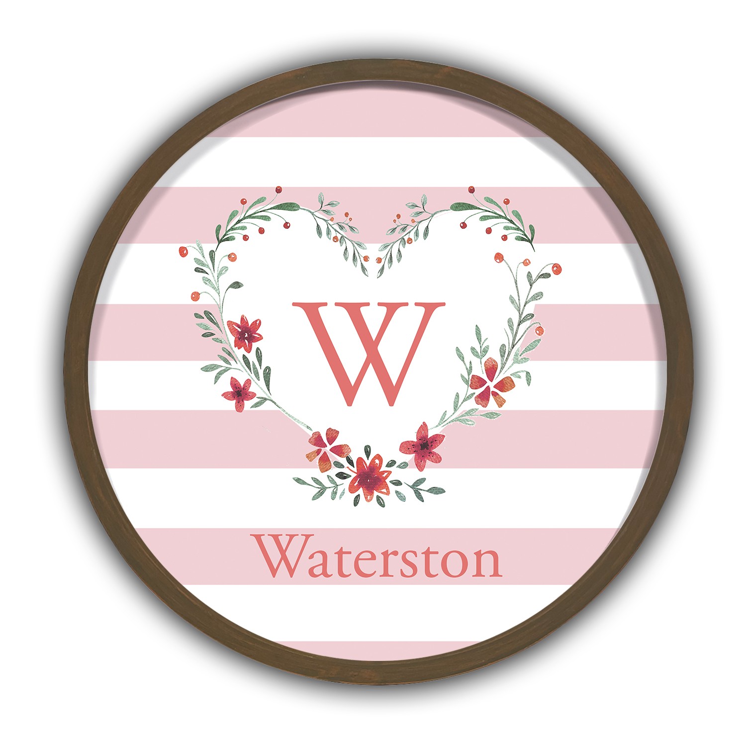 Floral Heart Monogram Personalized 20 x 20 Round Brown Framed Print
