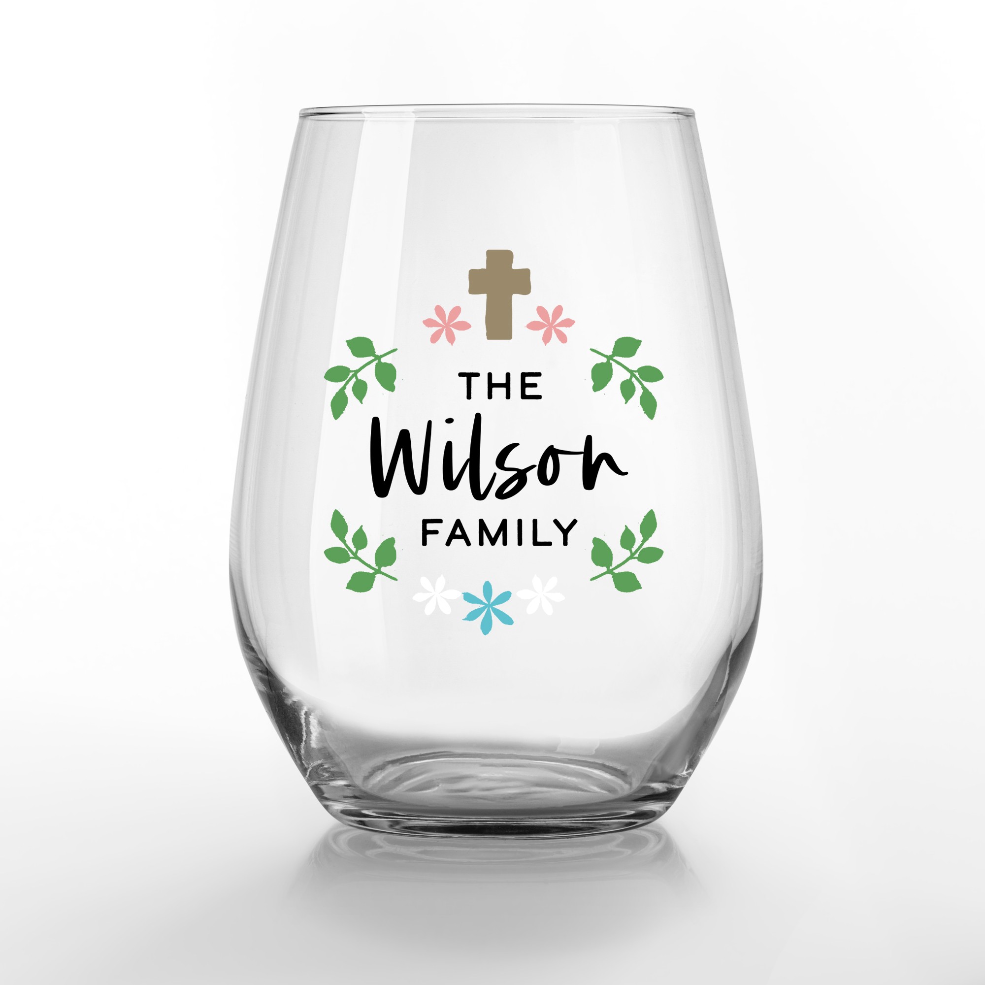 Cross and Flowers Personalized 3.25 x 4.25 Printed Stemless Wine Glass