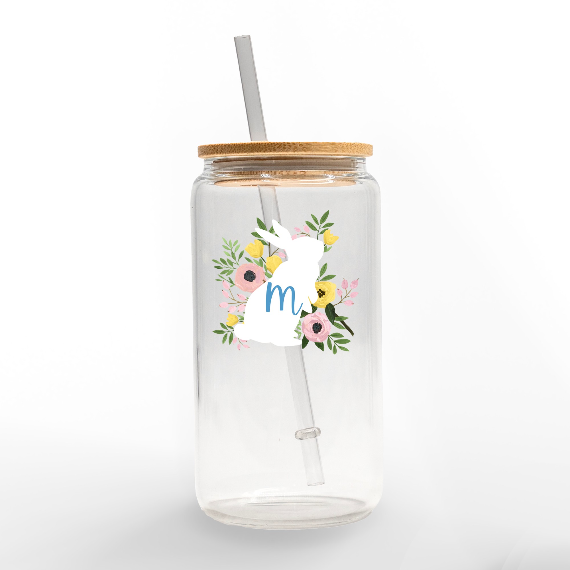 Floral Bunny Monogram Personalized 3 x 5.8 Glass Can Cup
