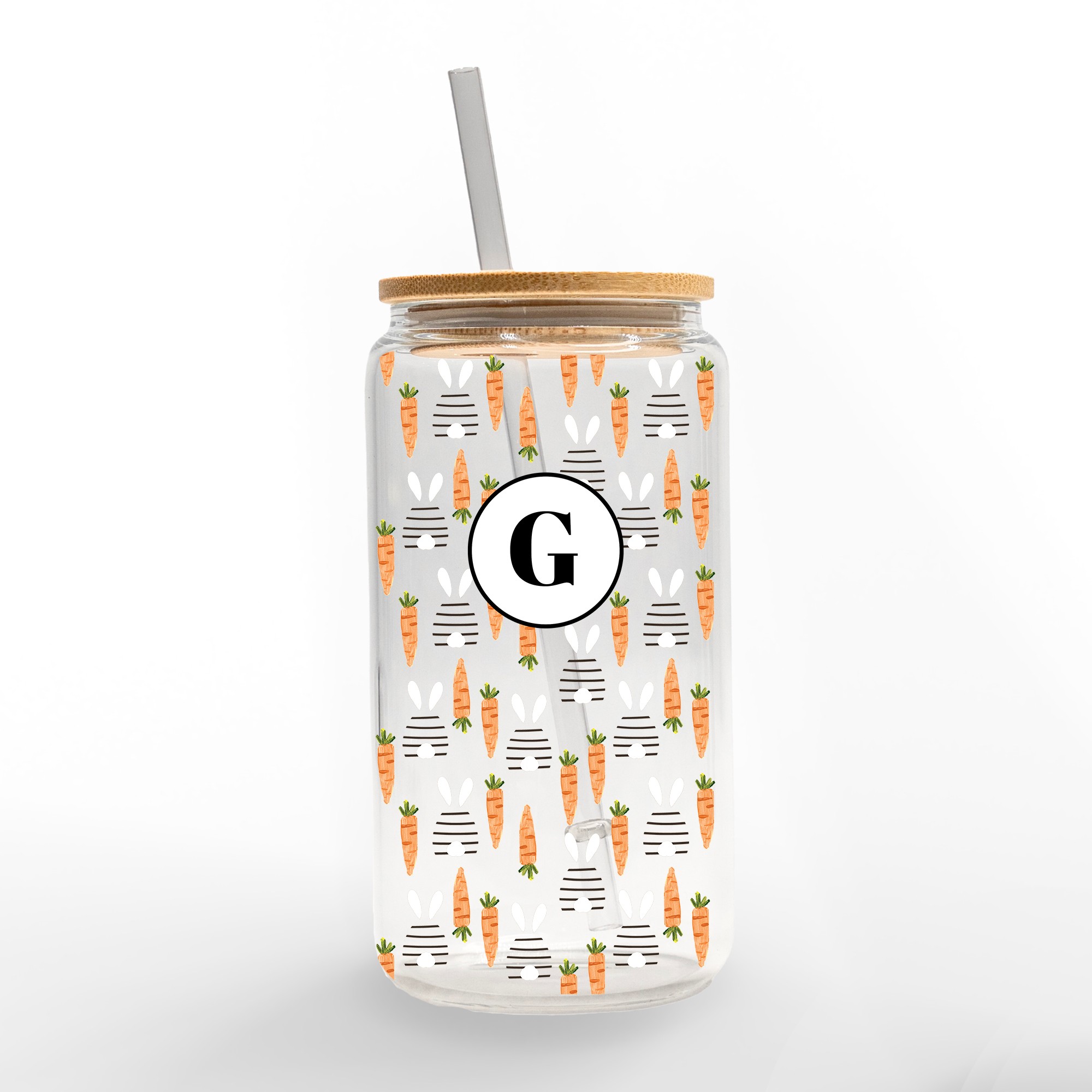 Bunnies and Carrots Pattern Monogram Personalized 3 x 5.8 Glass Can Cup