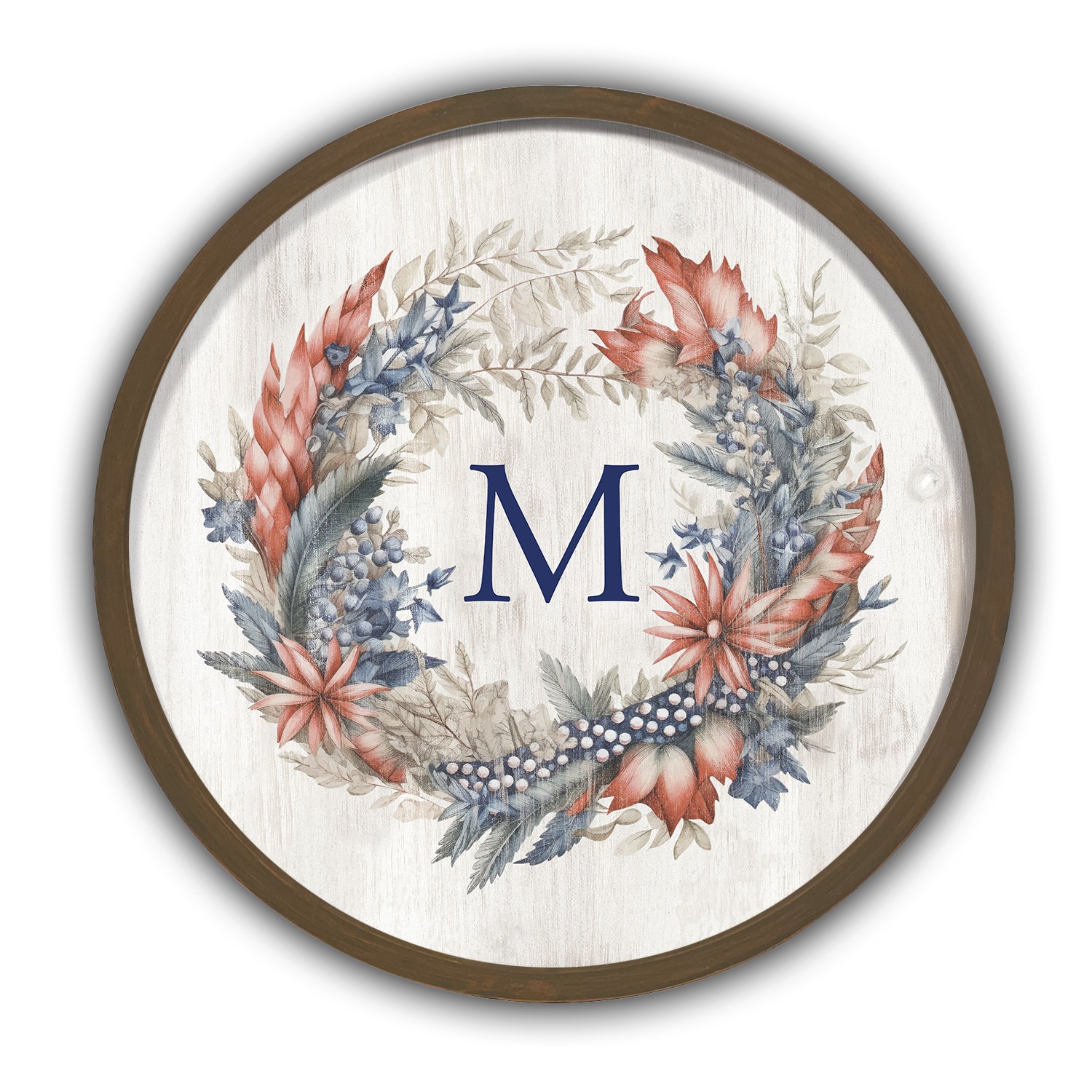 Red White and Blue Florals Monogram Personalized 20 x 20 Round Brown Framed Print