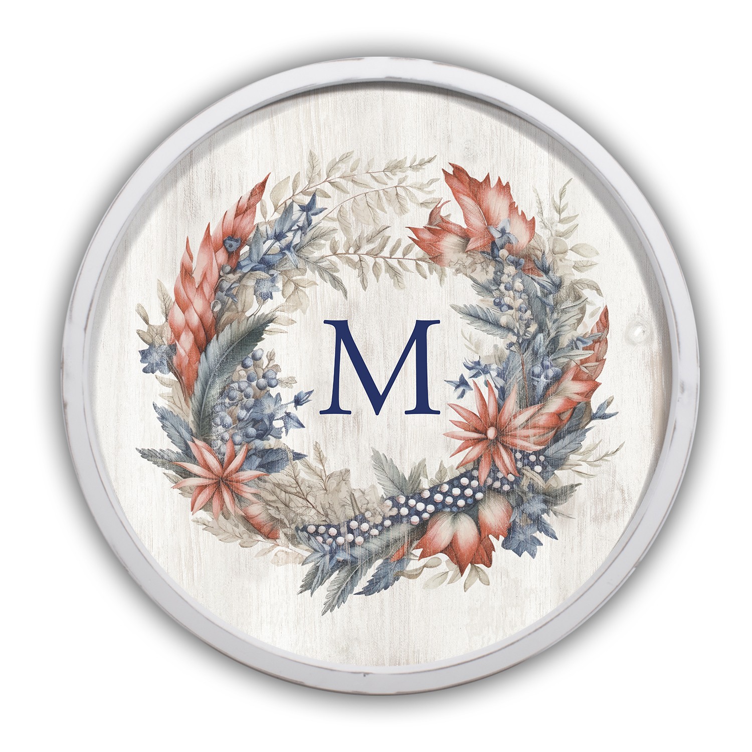 Red White and Blue Florals Monogram Personalized 20 x 20 Round White Framed Print