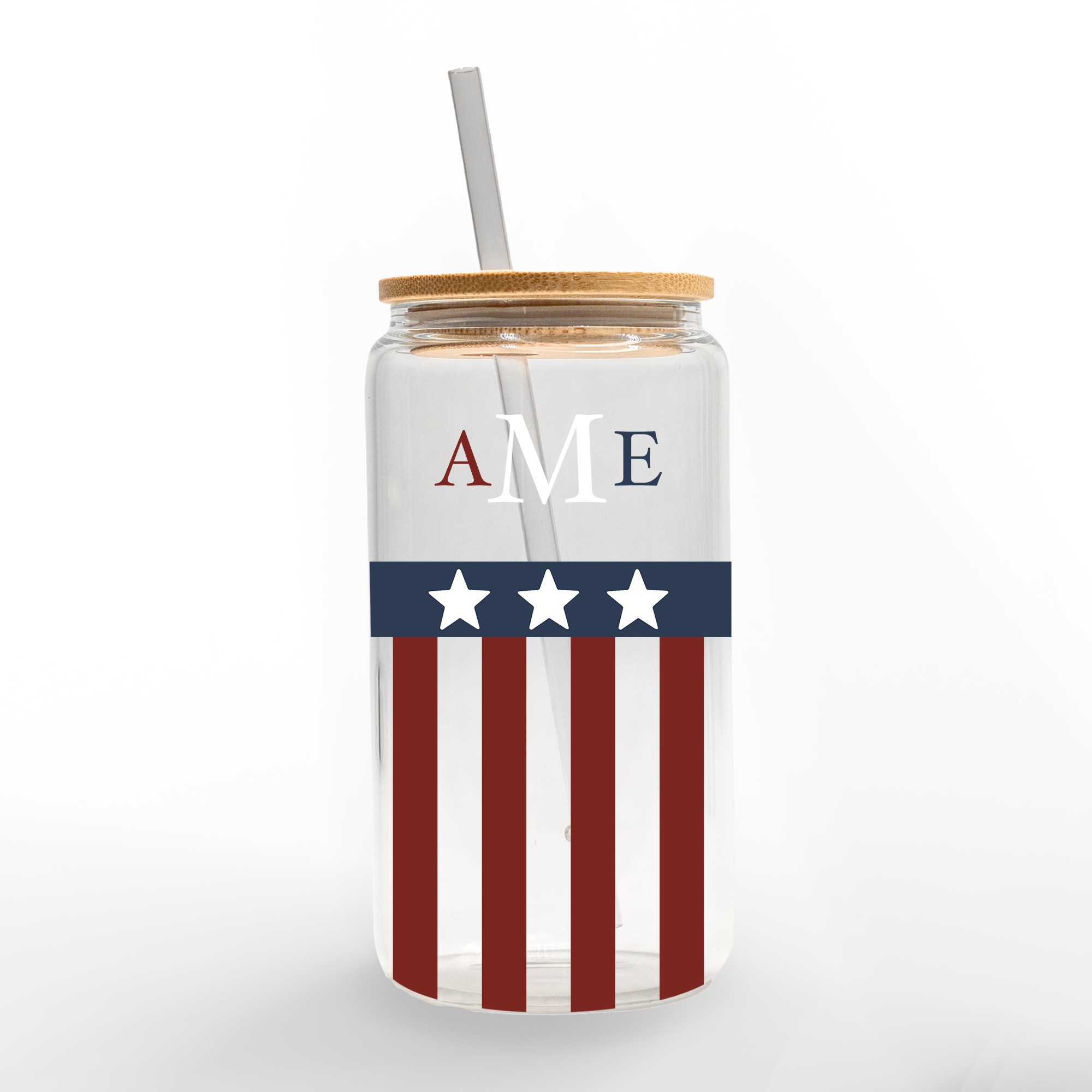 Stars and Stripes Monogram Personalized 3 x 5.8 Glass Can Cup