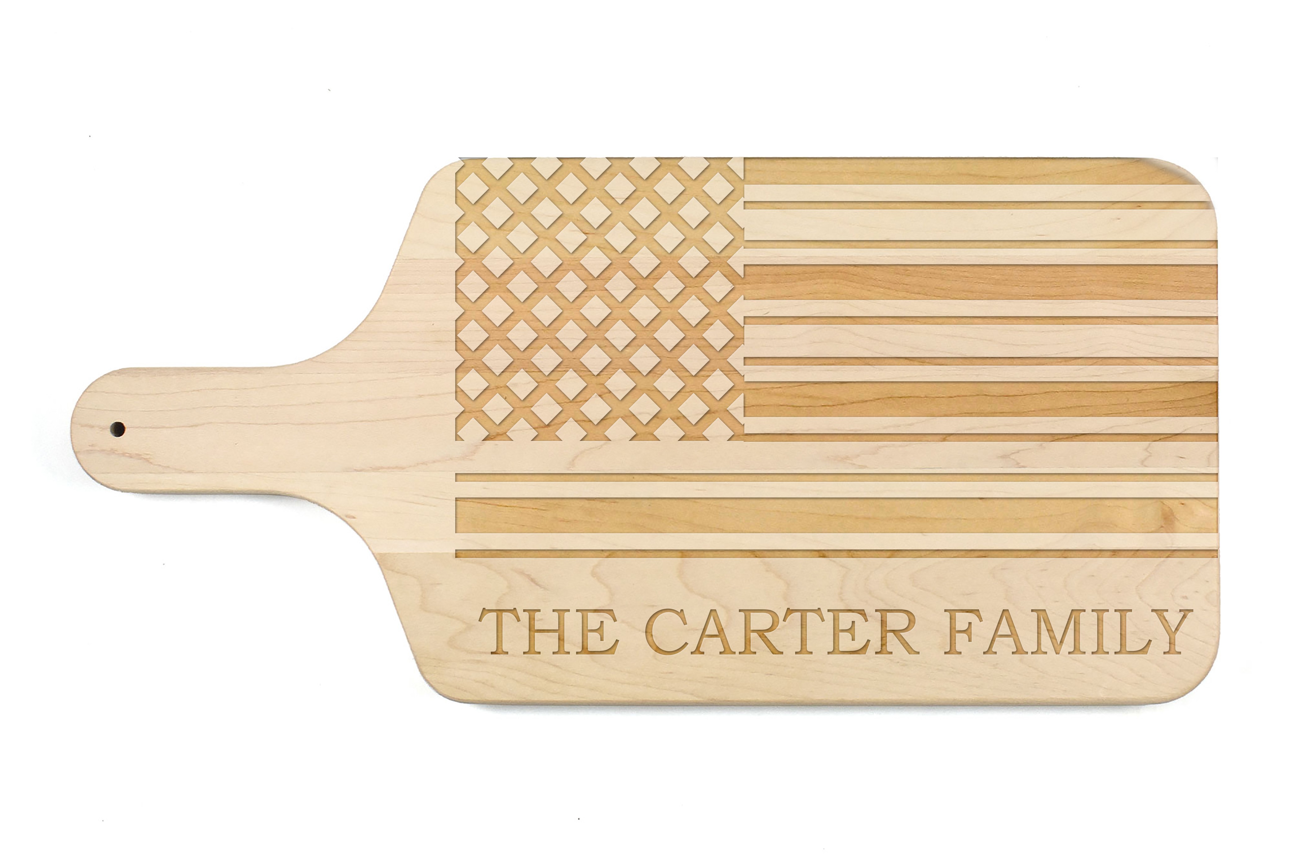 Family American Flag Personalized 17 x 8 Maple Paddle Cutting Board