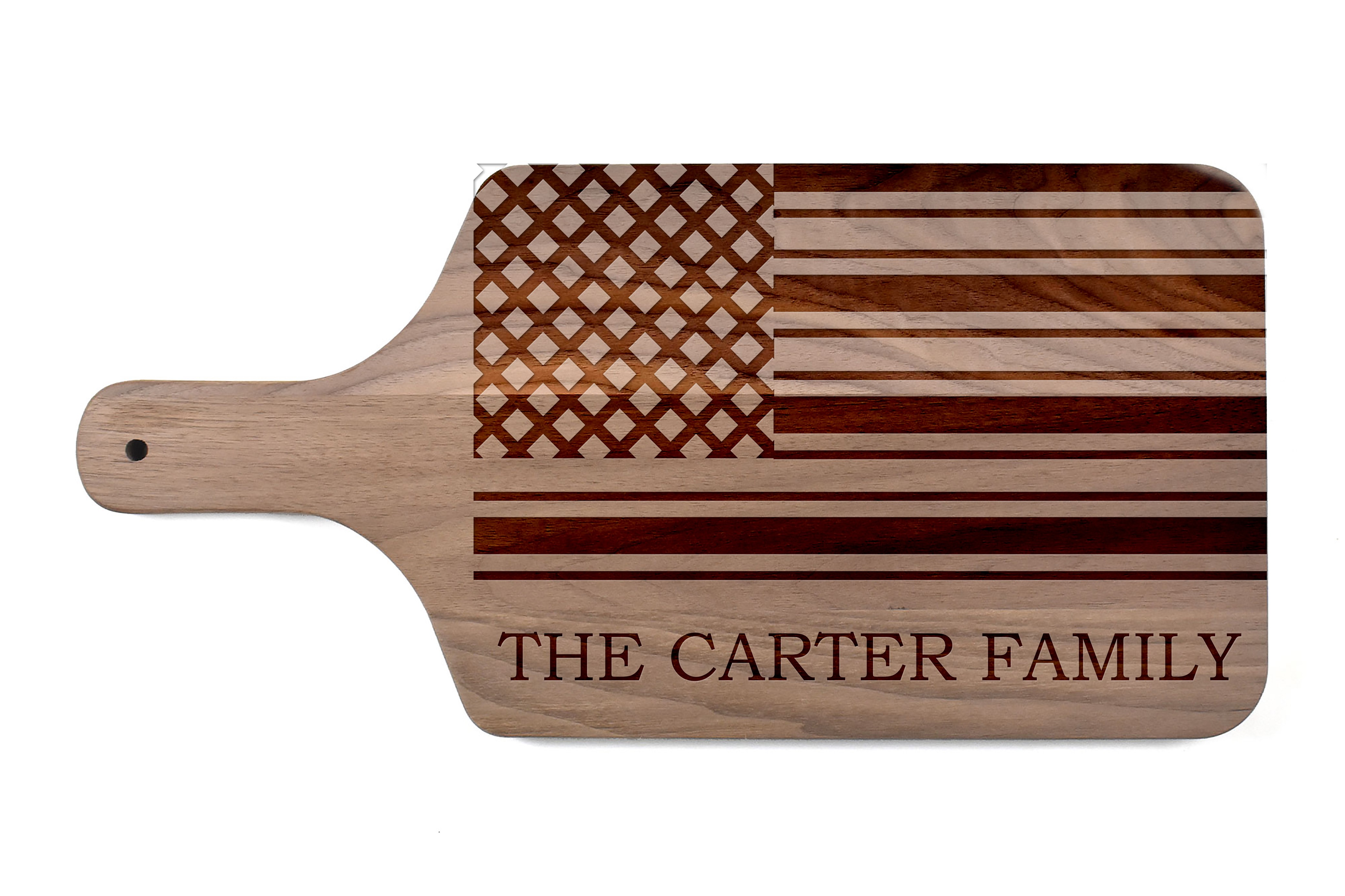 Family American Flag Personalized 17 x 8 Walnut Paddle Cutting Board