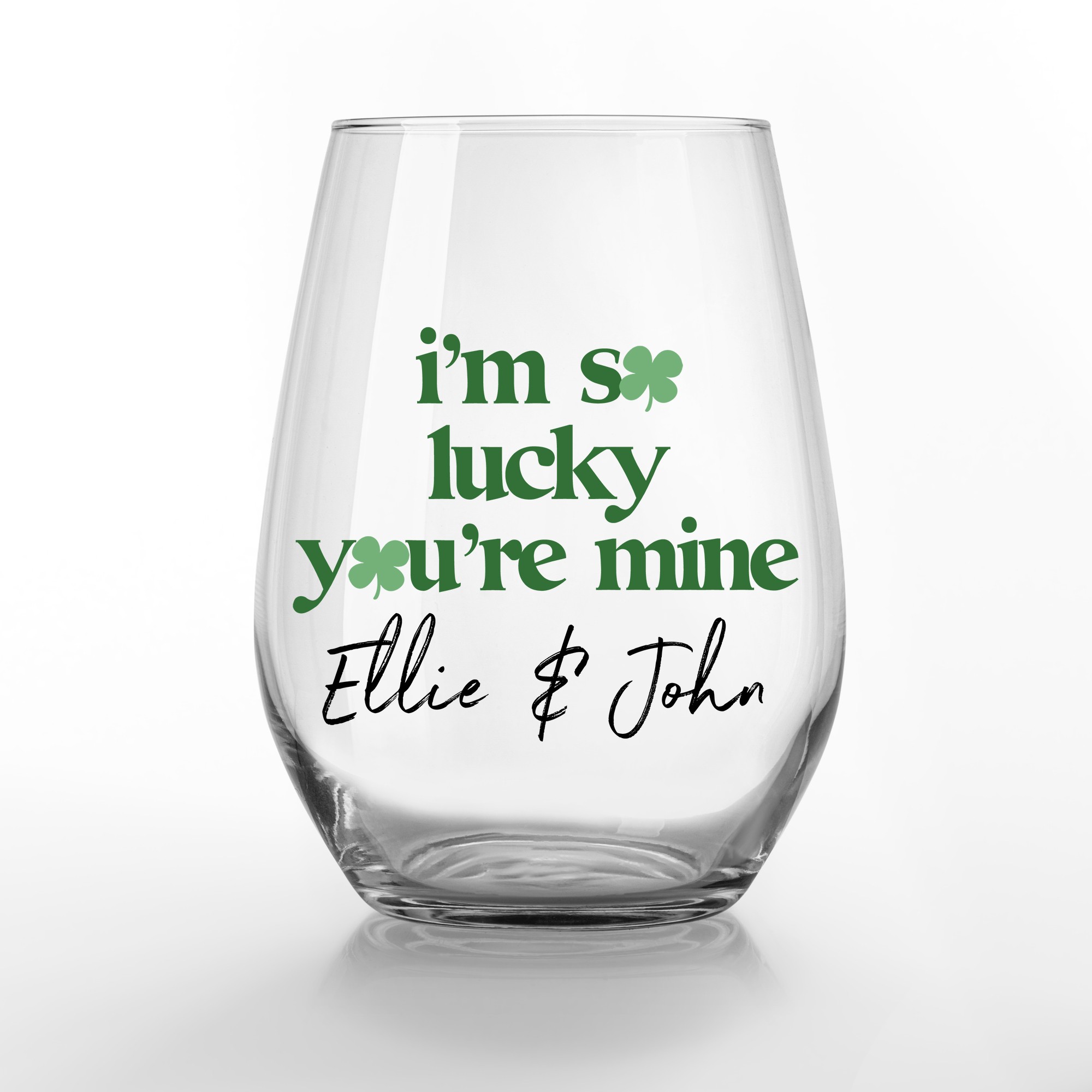 So Lucky You're Mine Personalized 3.25 x 4.25 Printed Stemless Wine Glass Set of 2