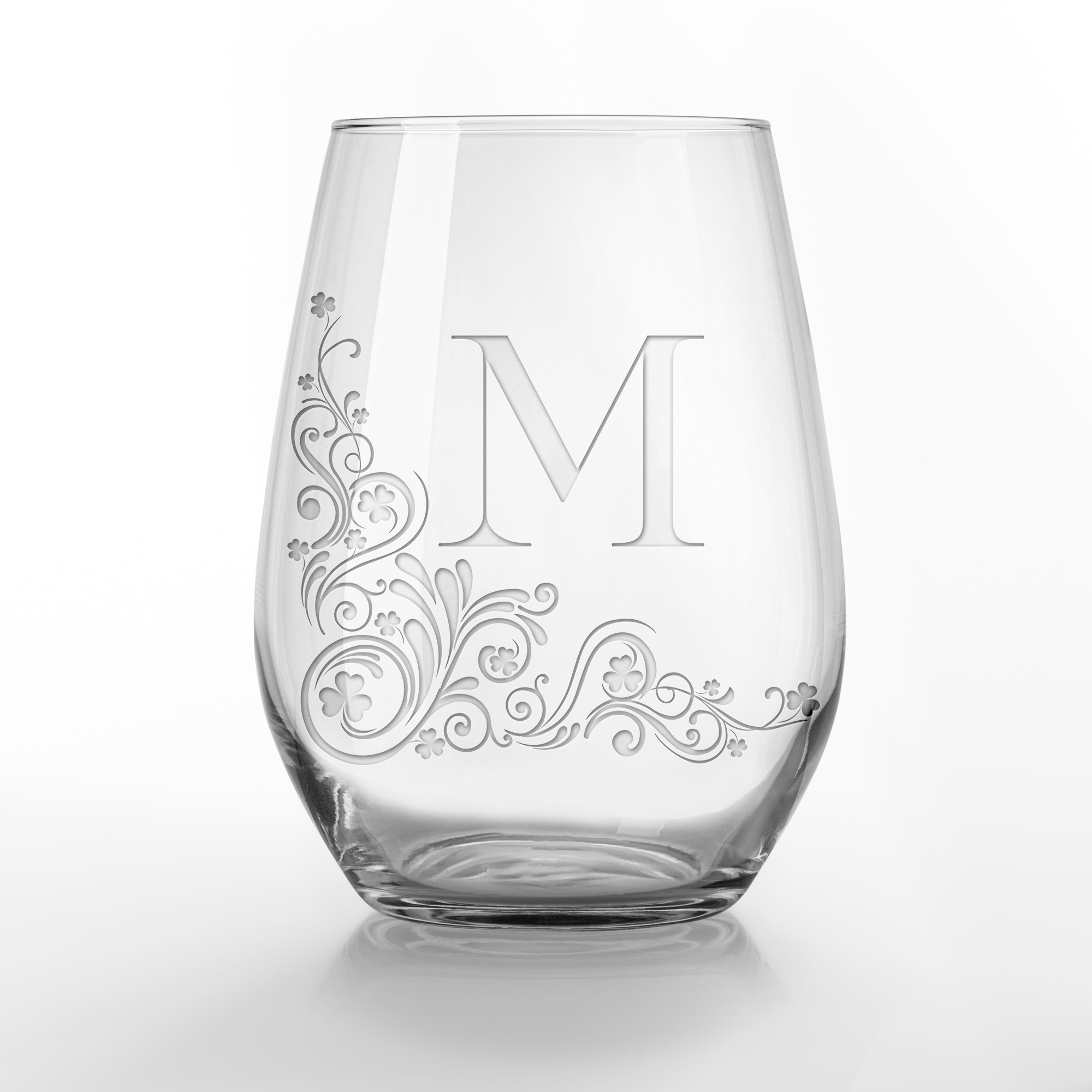 Emerald Flourish Monogram Personalized 3.25 x 4.25 Engraved Stemless Wine Glass