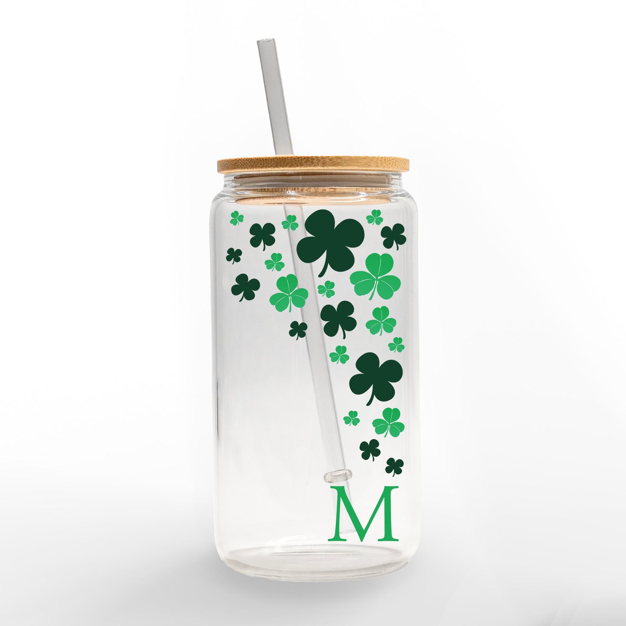 Falling Shamrock Monogram Personalized 3 x 5.8 Glass Can Cup