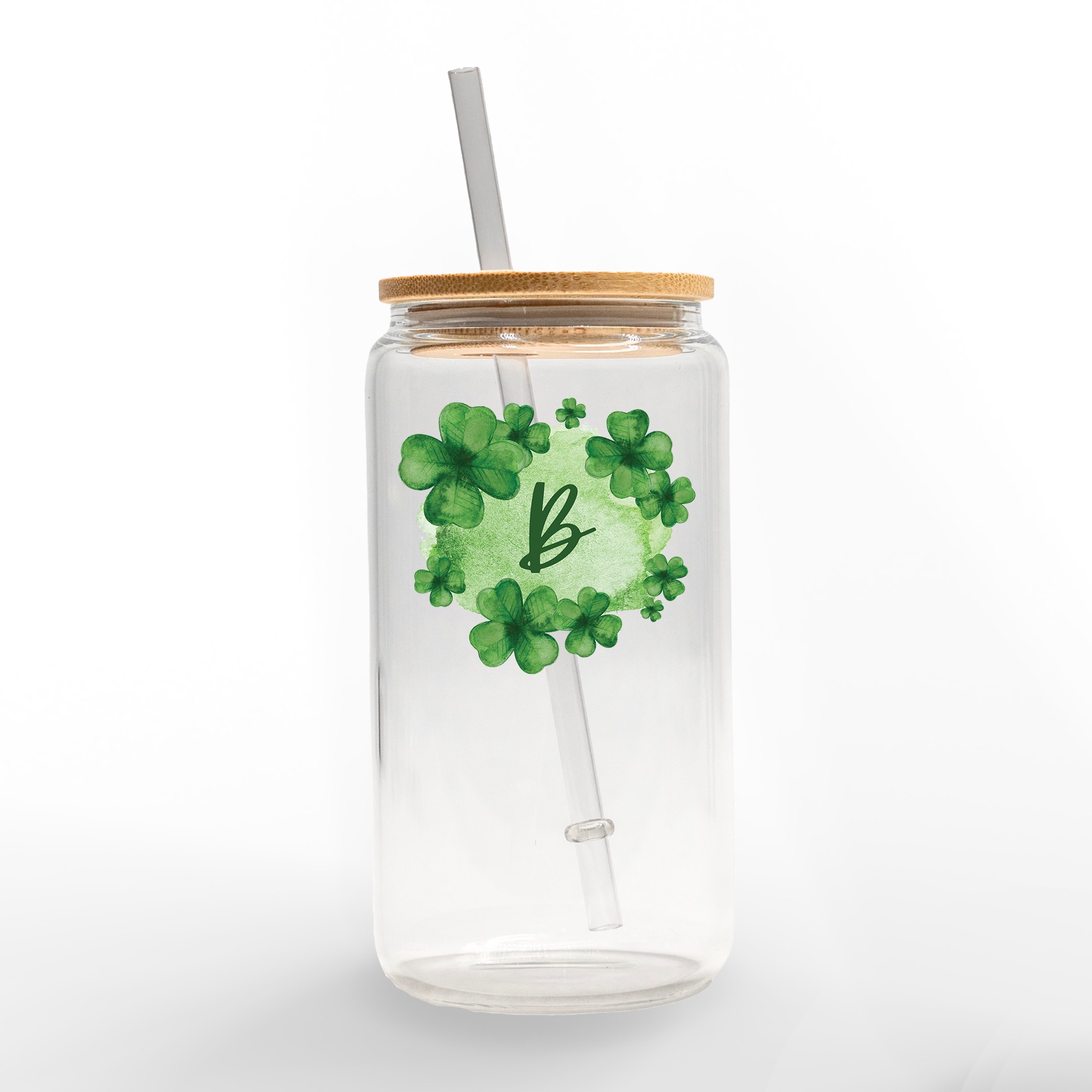 Clover Wreath Monogram Personalized 3 x 5.8 Glass Can Cup