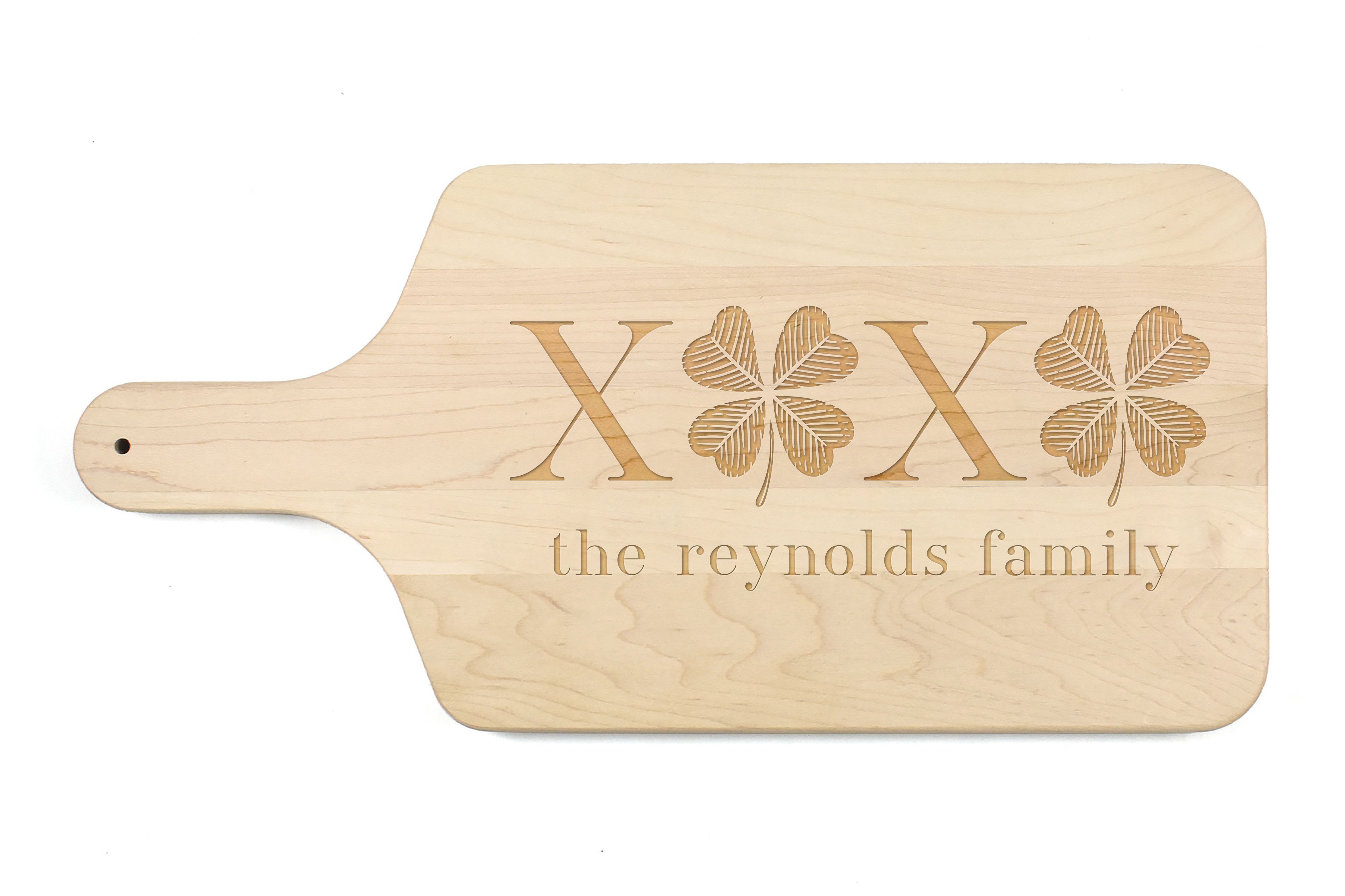 XOXO Clovers Personalized 17 x 8 Maple Paddle Cutting Board