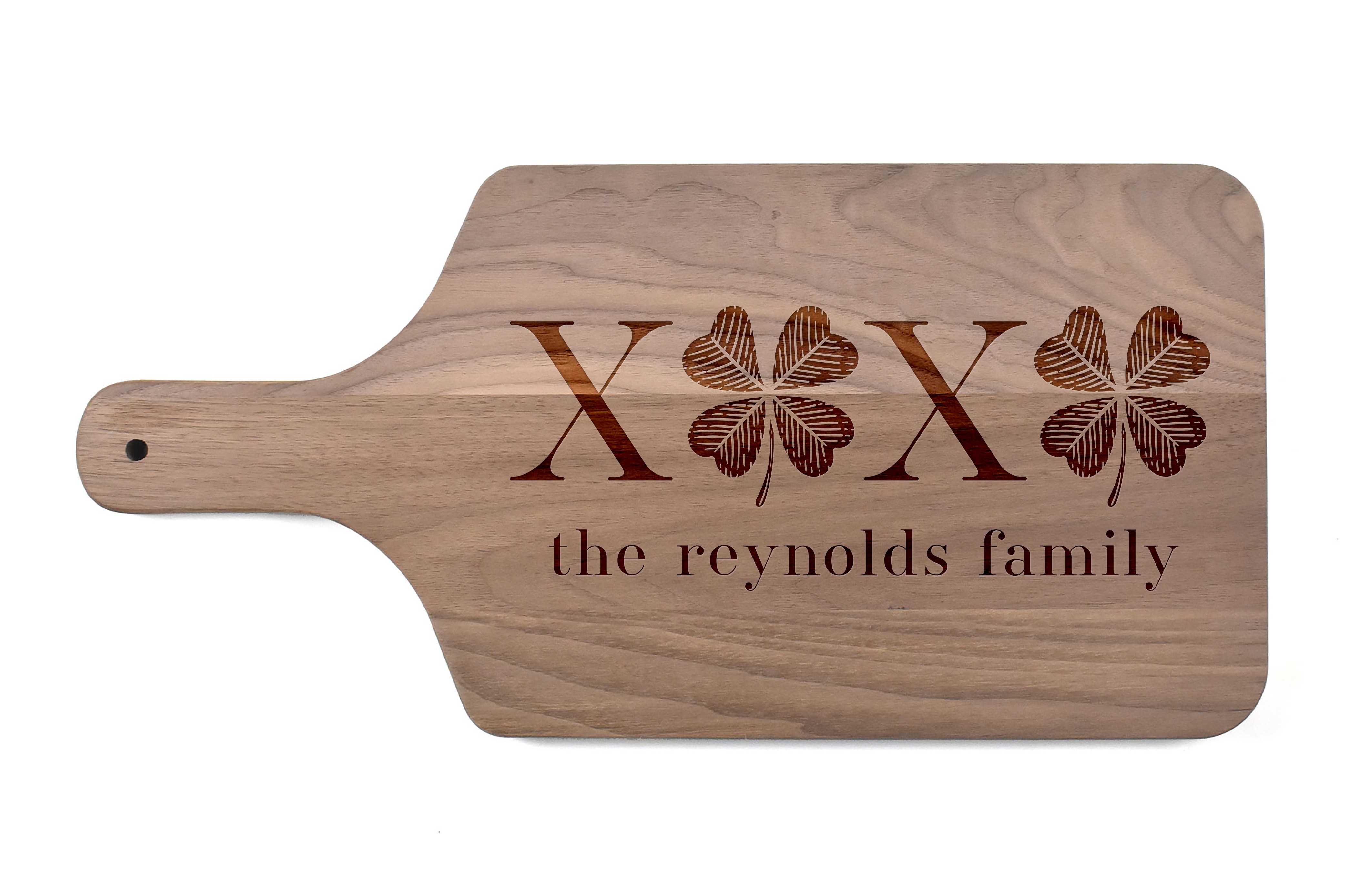 XOXO Clovers Personalized 17 x 8 Walnut Paddle Cutting Board