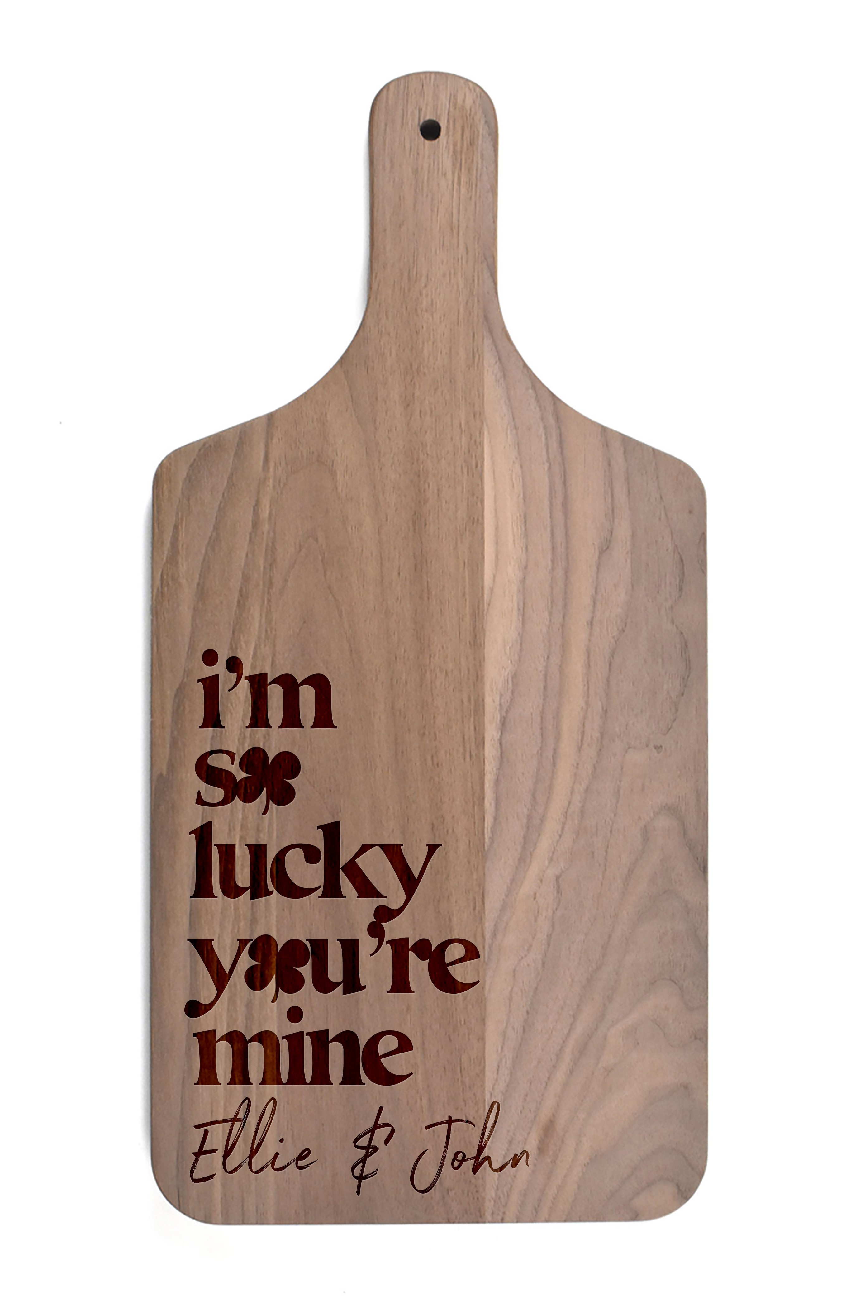 So Lucky You're Mine Personalized 8 x 17 Walnut Paddle Cutting Board