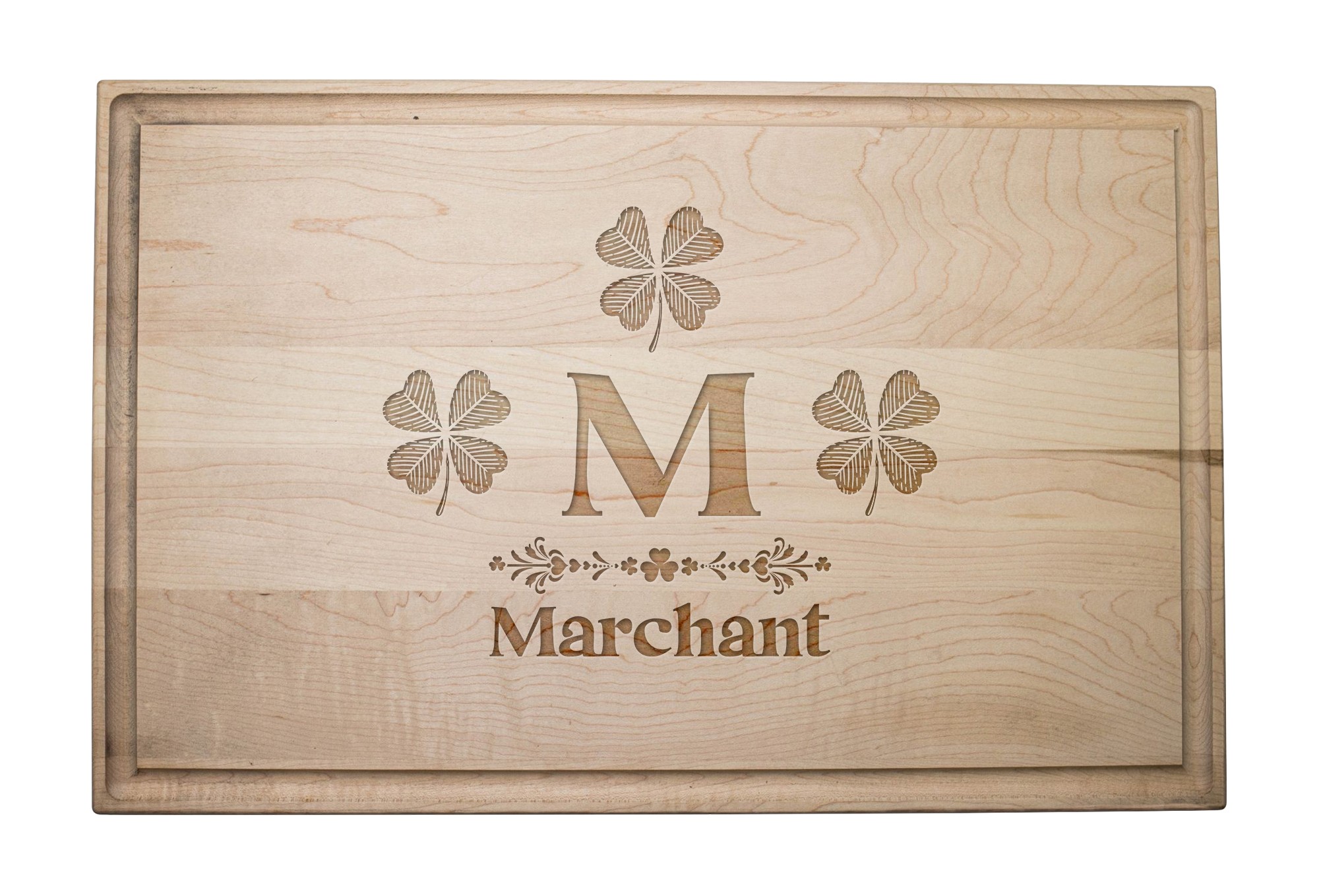Many Clover Monogram Personalized 17 x 11 Maple Cutting Board