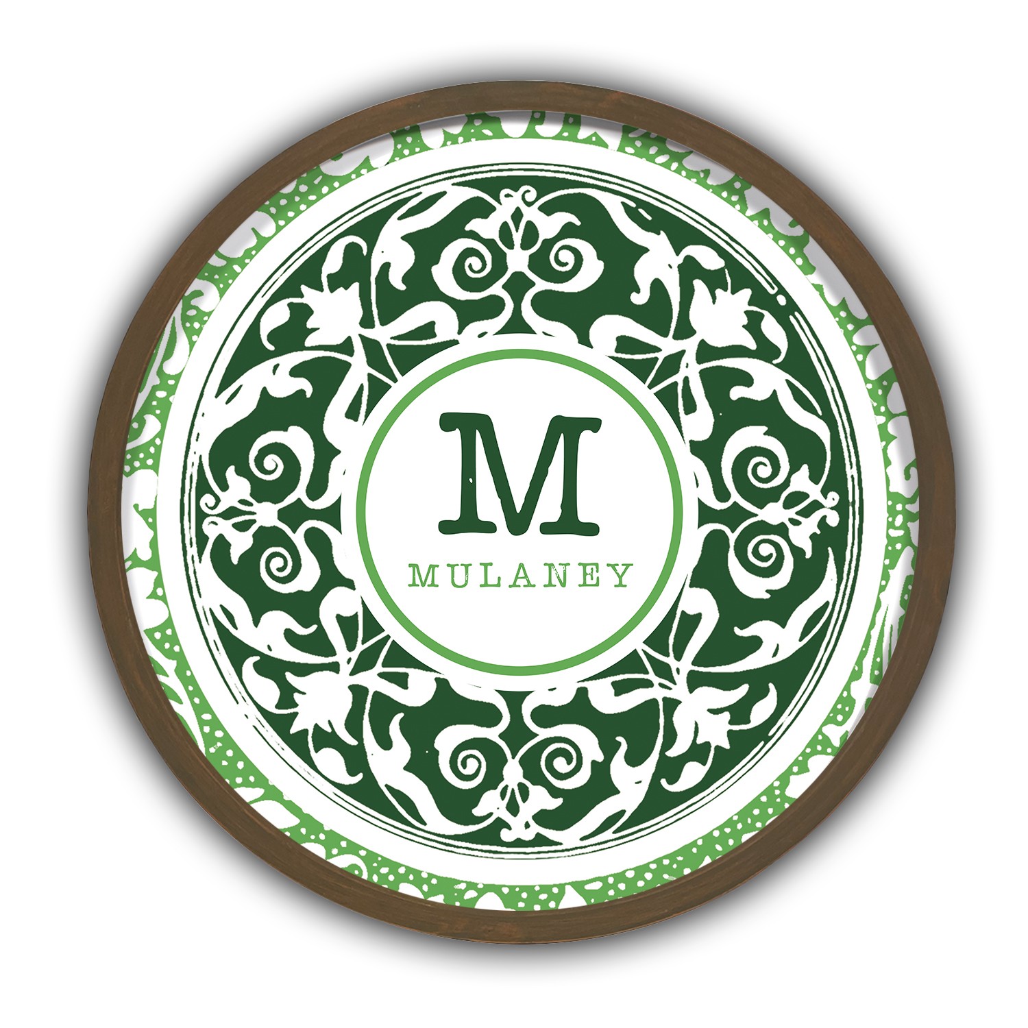 Boho Green Medallion Monogram Personalized 20 x 20 Round Brown Framed Print