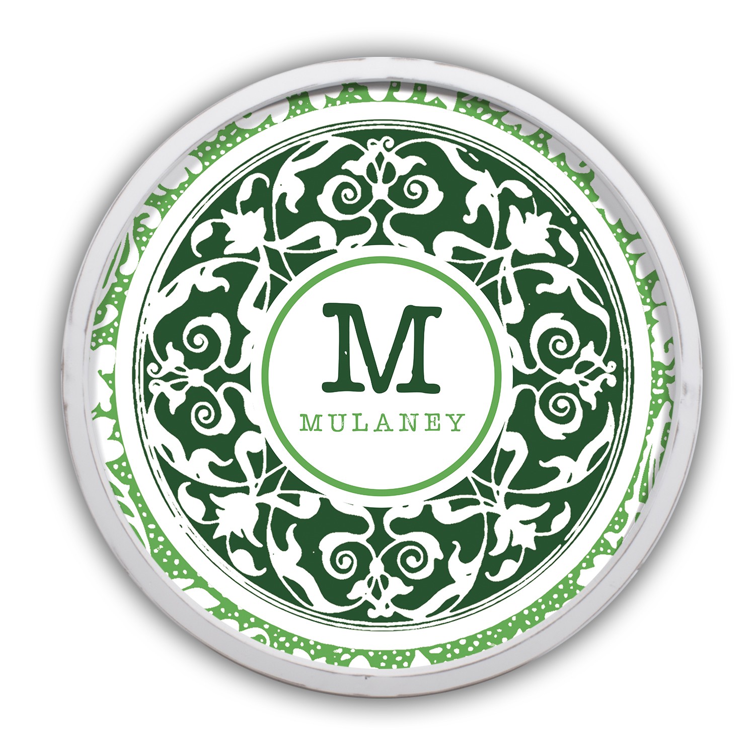 Boho Green Medallion Monogram Personalized 20 x 20 Round White Framed Print