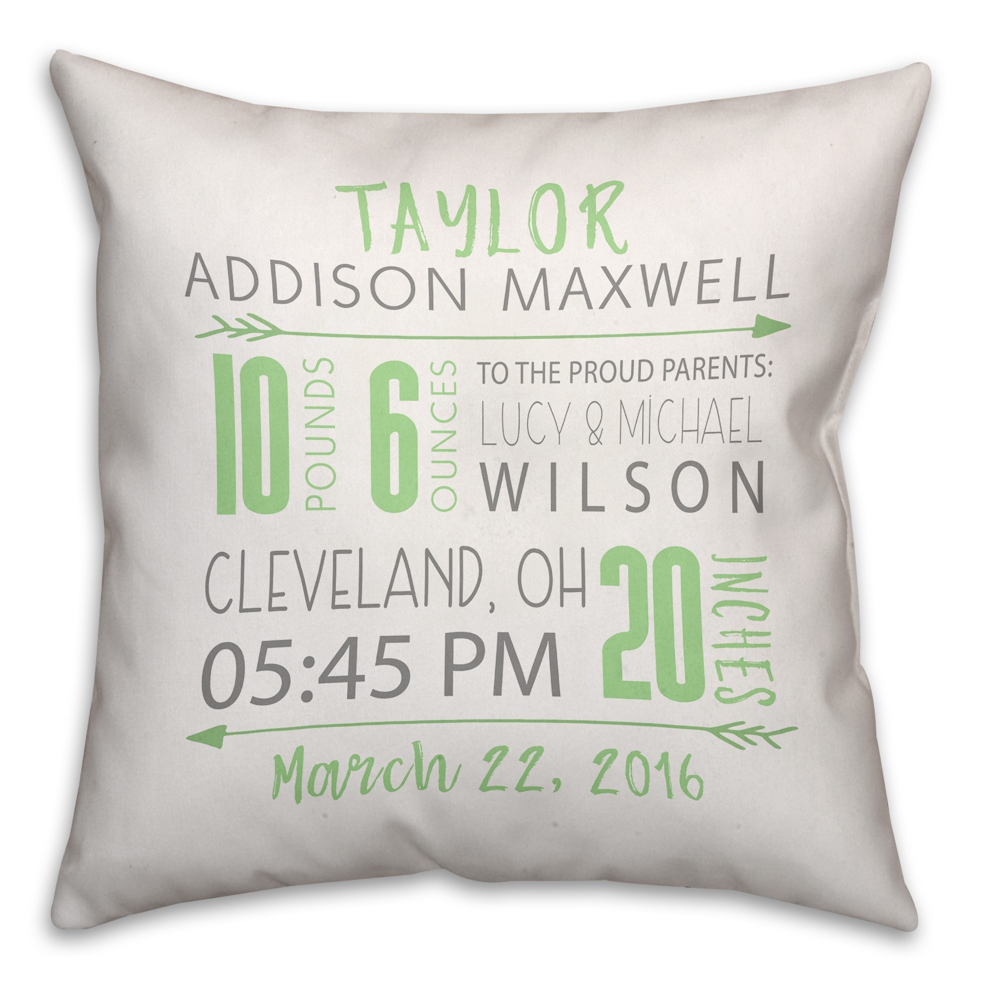 Green Birth Announcement 16x16 Throw Pillow Front