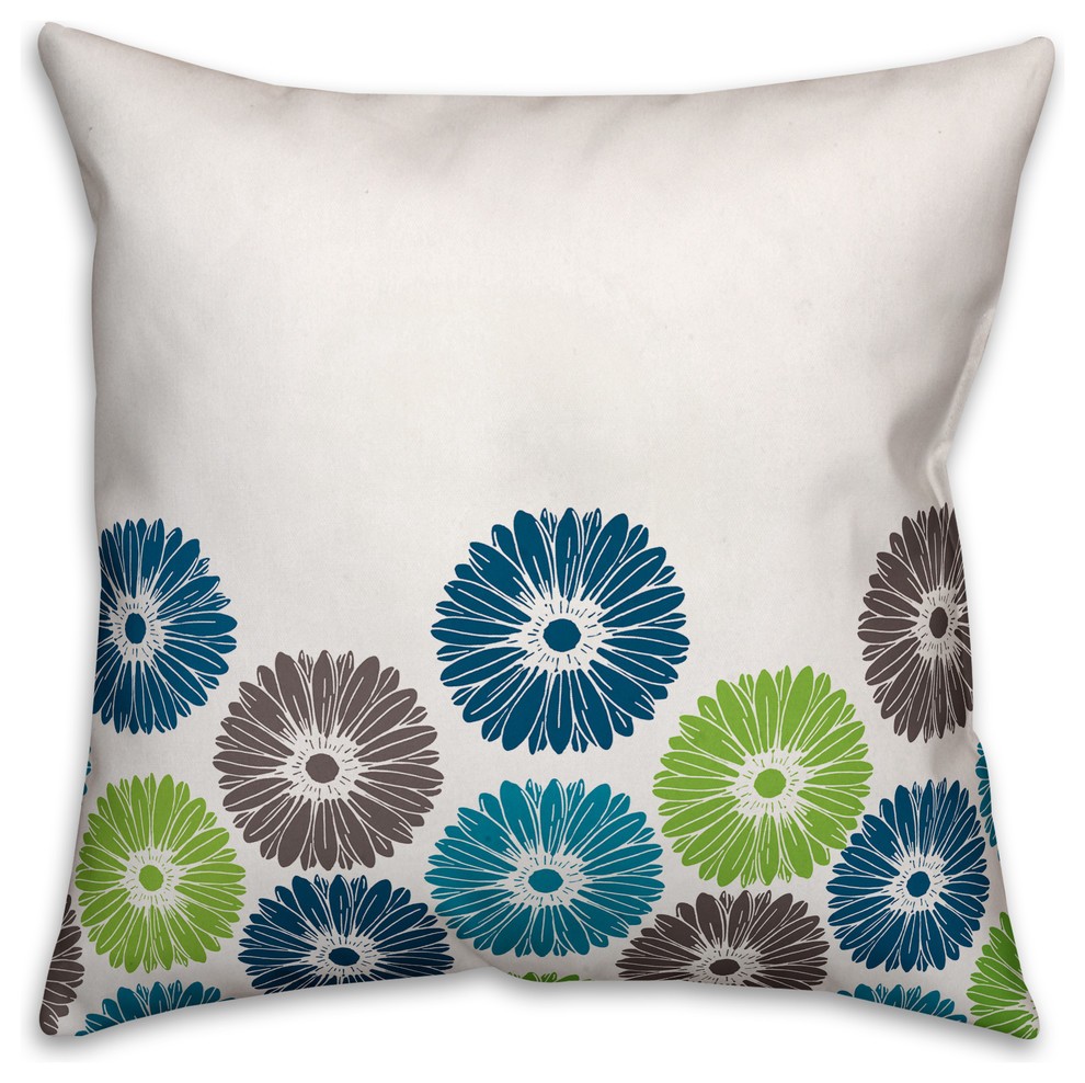 Blue and Green Floral  Outdoor Throw Pillow