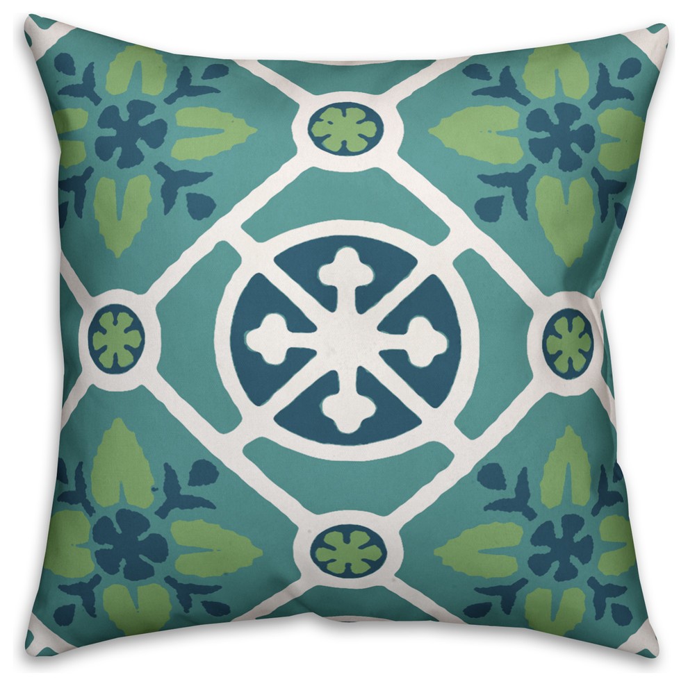 Blue and Green Floral Print  Outdoor Throw Pillow
