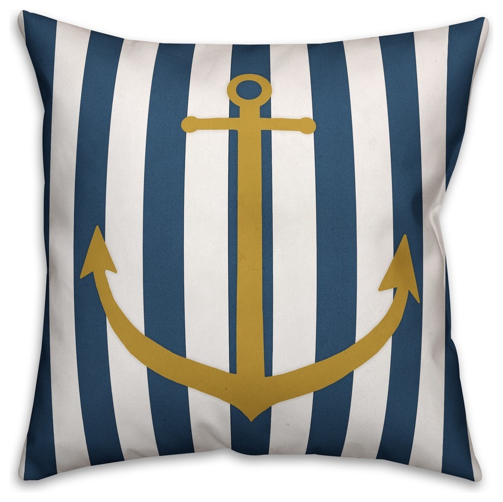 Nautical Gold Anchor Blue Striped  Outdoor Coastal Throw Pillow