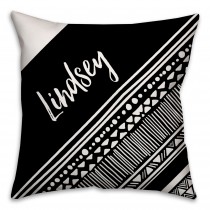 Black and White Boho Tribal Angled Custom 16x16 Monogram Spun Polyester Throw Pillow 