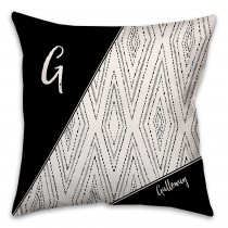 Black and White Boho Tribal Diamond Dotted Custom 16x16 Monogram Spun Polyester Throw Pillow
