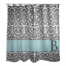 Gray Damask Monogram 71x74 Shower Curtain