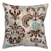 Brown and Turquoise Ikat Spun Polyester Throw Pillow