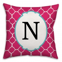 Pink And White Quatrefoil Monogram Spun Polyester Throw Pillow -18x18