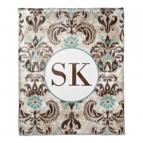 Teal And Brown Damask Personalized Monogram Coral Fleece Blanket – 50x60