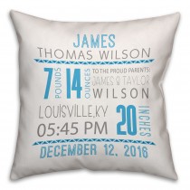 Blue Birth Announcement 16x16 Throw Pillow Front