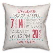 Pink Birth Announcement 16x16 Throw Pillow Front