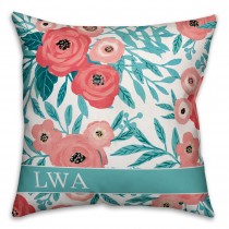 Blush and Teal Painted Florals 18x18 Personalized Indoor / Outdoor Pillow