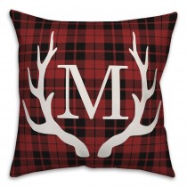 Red Plaid Deer Antlers Monogram 18x18 Personalized Indoor / Outdoor Pillow