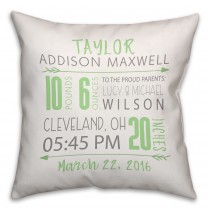 Green Birth Announcement 16x16 Throw Pillow Front