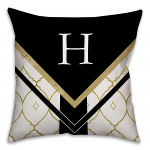 Black White and Gold Quatrefoil 18x18 Monogram Spun Polyester Throw Pillow