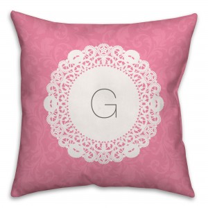 Pink Doily Monogram 16x16 Custom Throw Pillow Front