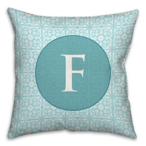 Blue Medallion Tile Monogram Spun Polyester Throw Pillow -18x18