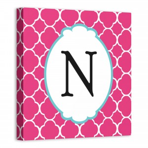 Pink Juvie Quatrefoil Monogram 12x12 Personalized Canvas Wall Art