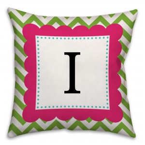 Green Chevron Pink Framed Monogram Spun Polyester Throw Pillow - 16x16 