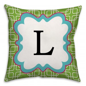 Green And White Grid Monogram Spun Polyester Throw Pillow - 16x16 
