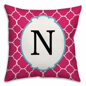 Pink And White Quatrefoil Monogram Spun Polyester Throw Pillow - 16x16